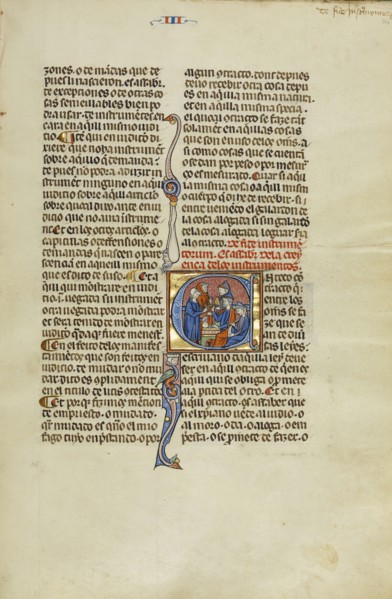 Initial E: A Man Receiving a Purse from a Jew in Exchange for a Goblet; Unknown, Michael Lupi de Çandiu, Spanish, active