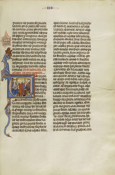 Initial P: A King and a Judge Speaking to Two Men; Unknown, Michael Lupi de Çandiu, Spanish, active Pamplona, Spain 1297 - 1305