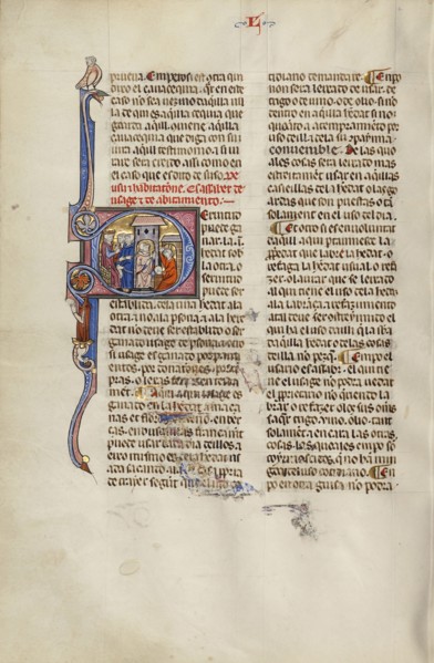 Initial S: Two Men before a Judge Pointing to a Man Working at an Anvil; Unknown, Michael Lupi de Çandiu, Spanish, active