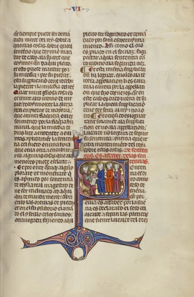 Initial S: Three Men Speaking before a Judge; Unknown, Michael Lupi de Çandiu, Spanish, active Pamplona, Spain 1297 - 1305