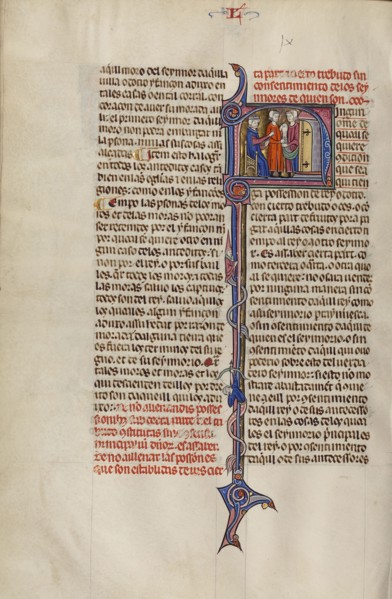 Initial N: Two Men Standing before a Judge Emptying a Money Purse; Unknown, Michael Lupi de Çandiu, Spanish, active Pamplona