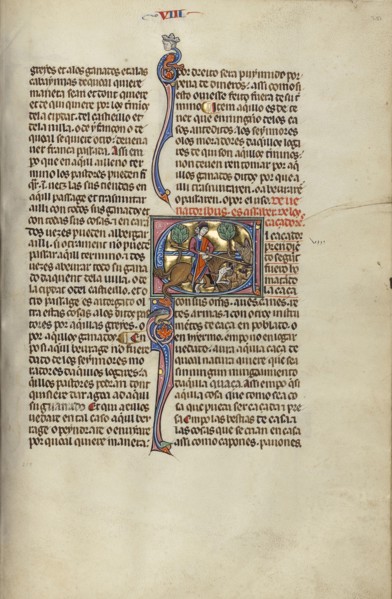 Initial E: A Hunter Killing a Boar; Unknown, Michael Lupi de Çandiu, Spanish, active Pamplona, Spain 1297 - 1305, Northeastern