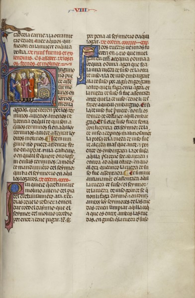 Initial N: Two Men before a Judge While a Third Man Builds a Mill; Unknown, Michael Lupi de Çandiu, Spanish, active Pamplona