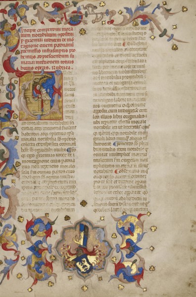 Initial U: Bust Portrait of Jeremias de Montagnone; Novella Master, Italian, active Padua, Italy 1396 - 1410, Venice, Veneto