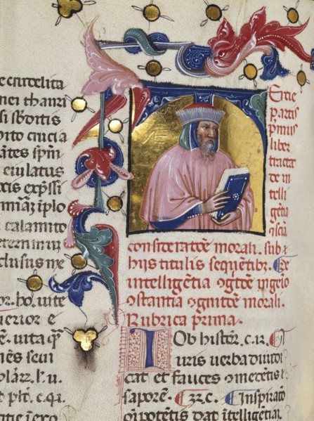 Initial T: Bust Portrait of a Bearded Man; Venice, Veneto, Italy; early 15th century; Tempera colors, pen and ink, and gold leaf