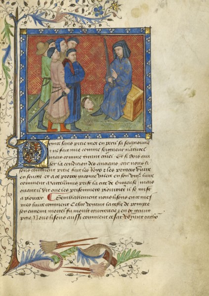 A Group of Men Standing before Caesar and the Severed Head of Pompeius; Avignon, probably, France; about 1430; Tempera colors
