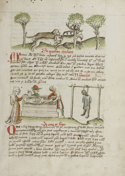 A Dog Hunting a Stag; A Man Killed by Hanging and A Woman Laying in a Coffin; Trier, probably, Germany; third quarter of 15th