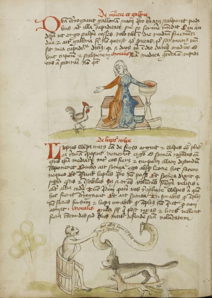 A Woman with a Vessel and a Hen; A Monkey Instructing a Fox and a Wolf; Trier, probably, Germany; third quarter of 15th century