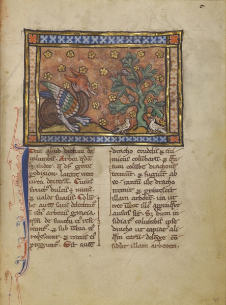 A Dragon Charging Two Doves; Thérouanne ?, France, formerly Flanders, about 1270; Tempera colors, gold leaf, and ink