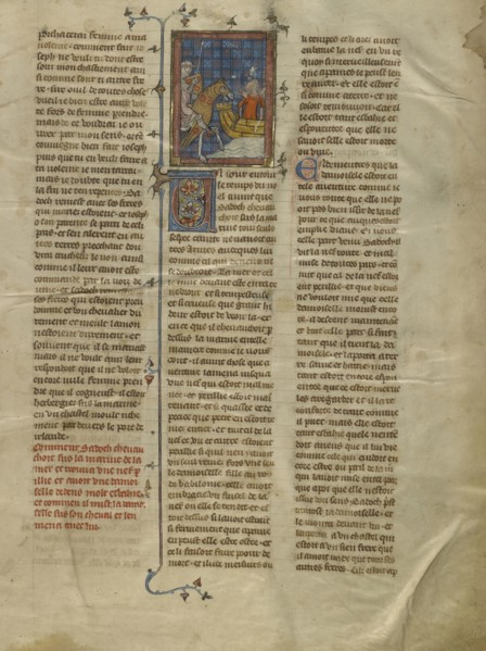 Sadoch Finding Celynde at the Seashore with Retinue; Paris, France; about 1320 - 1340; Tempera colors, gold paint, and silver