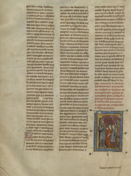 Sadoch and Celynde Restrained from Leaving by King Pelias; Paris, France; about 1320 - 1340; Tempera colors, gold paint