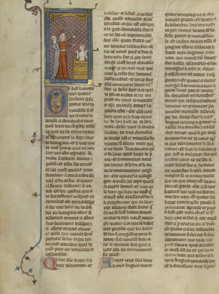 Queen of Ireland Restrained from Killing Tristan; Paris, France; about 1320 - 1340; Tempera colors, gold paint, and silver
