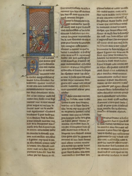 Mordret and Knight à la cote mal taillée Pursuing Two Knights; Paris, France; about 1320 - 1340; Tempera colors, gold paint