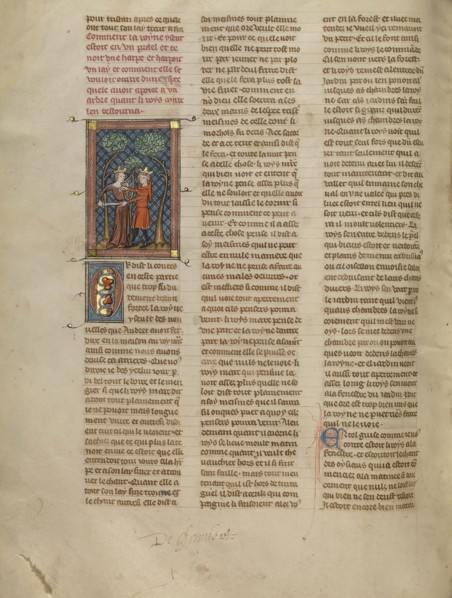 King Mark Preventing Iseult from Killing Herself; Paris, France; about 1320 - 1340; Tempera colors, gold paint, and silver