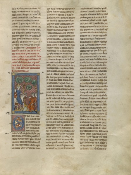 Kahedin and Iseult Meeting Palamedes and Lancelot by a Spring; Paris, France; about 1320 - 1340; Tempera colors, gold paint