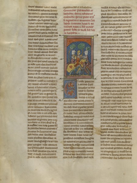 Kahedin and Palamedes Meeting the Seneschal Keu; Paris, France; about 1320 - 1340; Tempera colors, gold paint, and silver