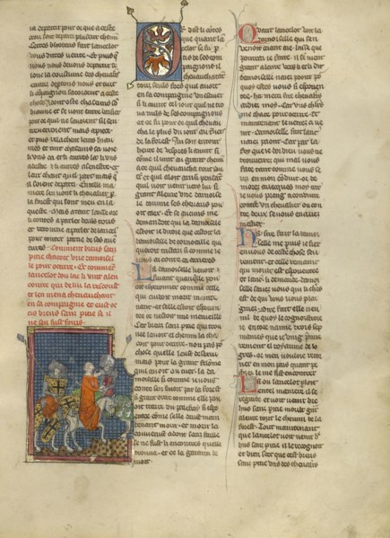 Lancelot Rescuing a Demoiselle from Brehus sans Pitié; Jeanne de Montbaston, French, active about 1320 - 1355, Paris, France