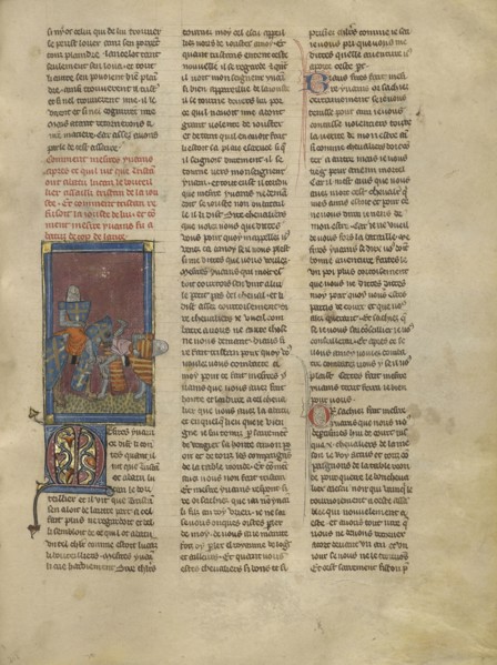 Tristan and Lucan Jousting; Jeanne de Montbaston, French, active about 1320 - 1355, Paris, France; about 1320 - 1340; Tempera