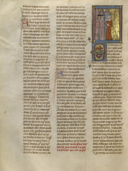 A Demoiselle Speaking to Tristan, Palamedes, and Dynadan in Pris; Jeanne de Montbaston, French, active about 1320 - 1355, Paris