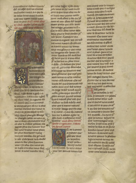 Gauvain Speaking to his Three Brothers; Paris, France; about 1320 - 1340; Tempera colors, gold paint, and silver and gold leaf