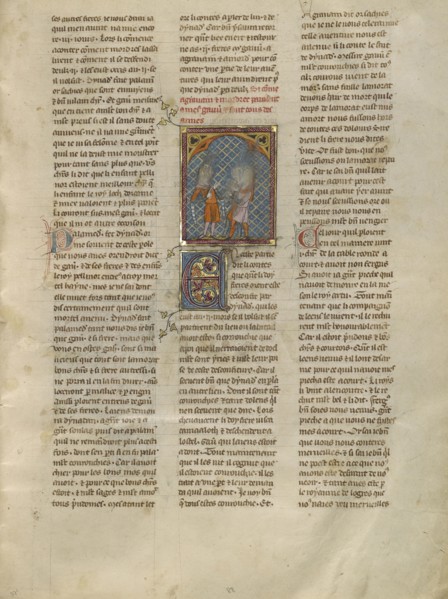 Agravain and Mordret Speaking with Gauvain; Paris, France; about 1320 - 1340; Tempera colors, gold paint, and silver and gold