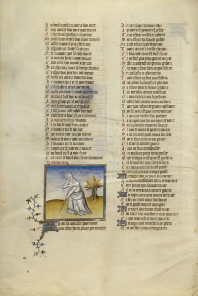 Female Personification of Old Age; Paris, France; about 1405; Tempera colors, gold leaf, and ink on parchment