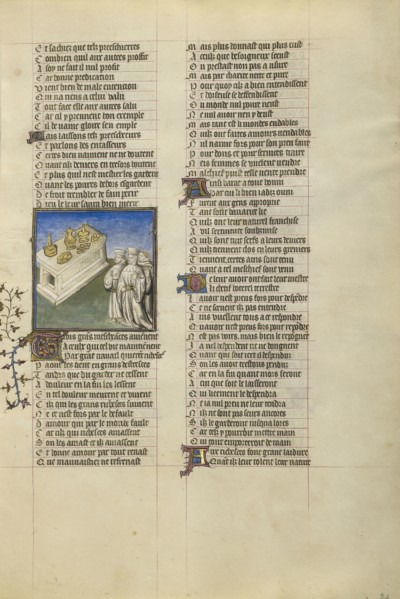 Three Misers at a Table; Paris, France; about 1405; Tempera colors, gold leaf, and ink on parchment