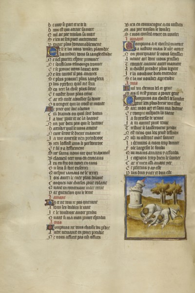Three Men Cast to the Ground as the Castle of Generosity Collapses; Paris, France; about 1405; Tempera colors, gold leaf