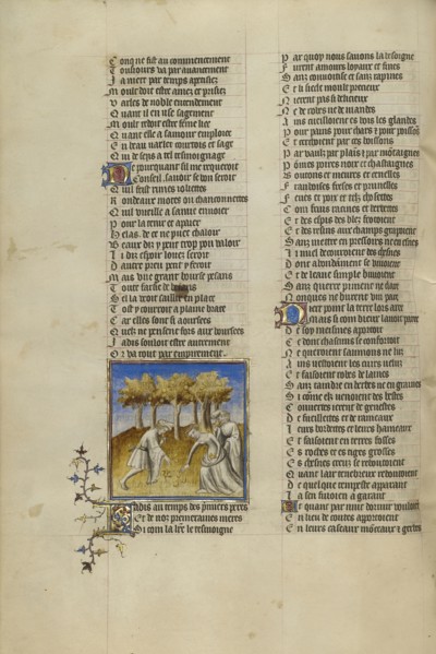 A Woman and Two Men Eating Fruit; Paris, France; about 1405; Tempera colors, gold leaf, and ink on parchment