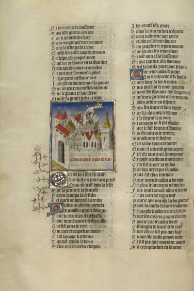 Queen Dido Killing Herself with a Sword; Paris, France; about 1405; Tempera colors, gold leaf, and ink on parchment
