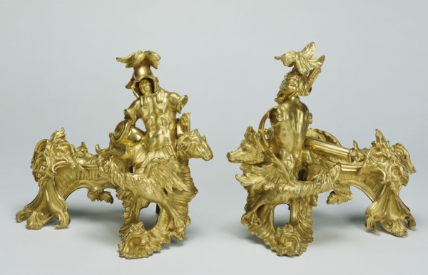 Pair of Firedogs; about 1735; Gilt bronze