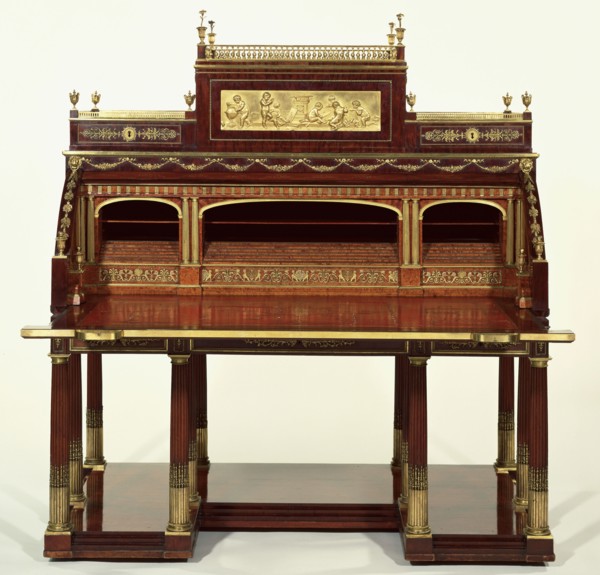 Rolltop Desk; Attributed to David Roentgen, German, 1743 - 1807, master 1780), gilt-bronze plaque attributed to Pierre
