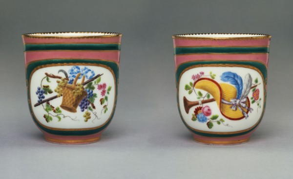 Pair of Cups and Saucers; Painted by Charles Buteux père, French, 1719 - 1782, active Sèvres, France 1756 - 1782, Sèvres