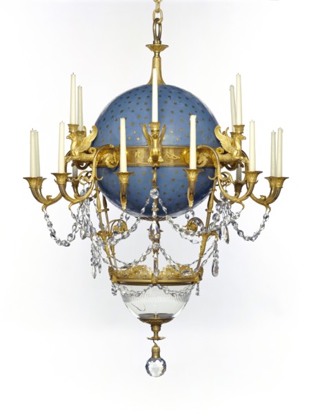 Chandelier; Gérard-Jean Galle, French, 1788 - 1846, Paris, France; about 1818 - 1819; Gilt bronze; enameled metal; glass