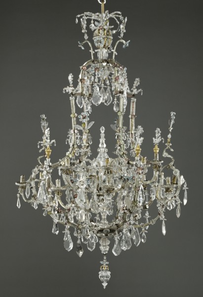 Chandelier; Paris, France; about 1710 - 1715; Colored glass, glass, colored foils, rock crystal, gilt bronze, and silver-plated