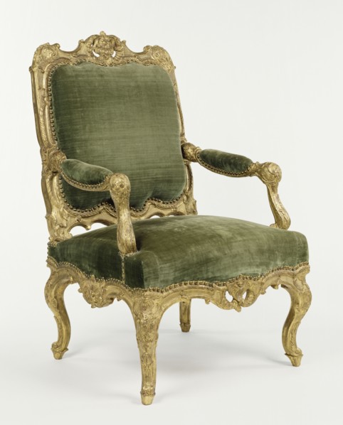 Four Armchairs; about 1735; Gilded walnut; modern upholstery