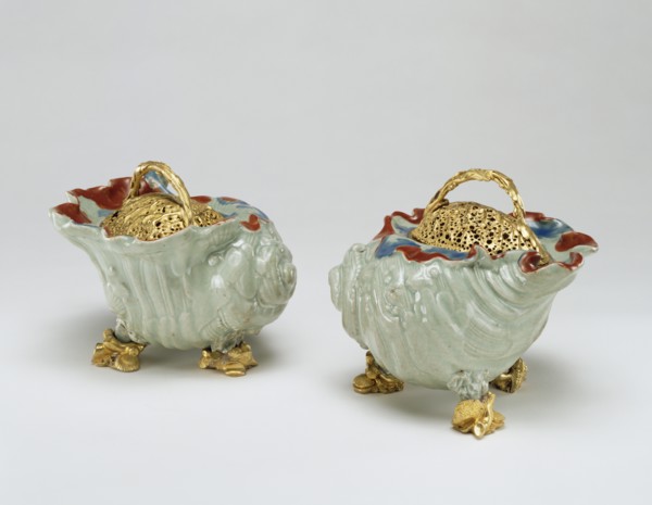 Pair of Pot-pourri Bowls; porcelain about 1660 - 1680; mounts about 1750; Hard-paste porcelain, celadon ground color