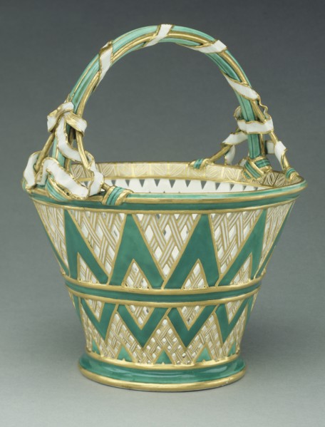Basket; Sèvres Manufactory, French, 1756 - present, Sèvres, France; 1756; Soft paste porcelain, green ground color; gilding; 21