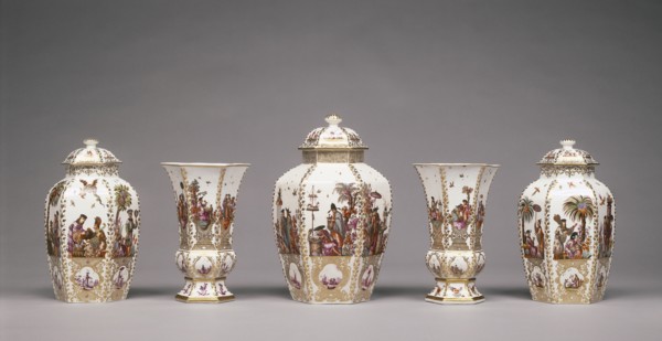 Assembled Set of Five Vases; Decoration attributed to Johann Gregor Höroldt, German, 1696 - 1775, Meissen Porcelain Manufactory