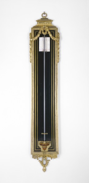 Barometer; Paris, France; about 1770 - 1775; Oak veneered with ebony; gilt bronze mounts; enameled metal; ivory; barometrical