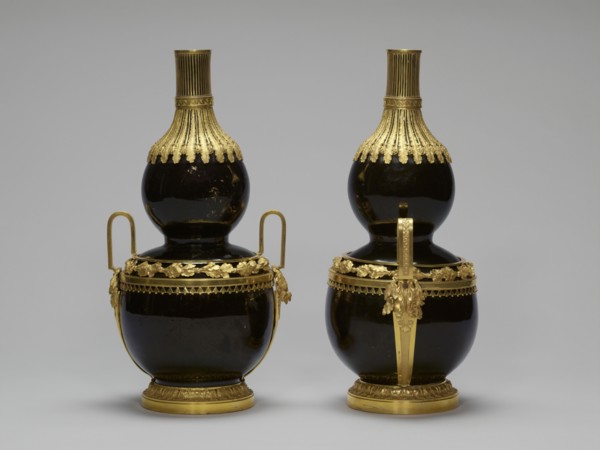 Pair of Vases; China; porcelain 1662 - 1722; mounts about 1770 - 1775; Hard-paste porcelain, black ground color and gilding