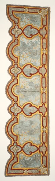 Upper outer proper left valence; about 1690 - 1715; Silk satin; cording; velour; silk embroidery; damask panels with linen