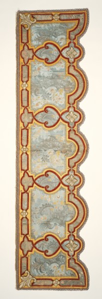 Upper outer proper right valence; about 1690 - 1715; Silk satin; cording; velour; silk embroidery; damask panels with linen