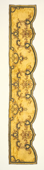 Upper inner head valence; about 1690 - 1715; Silk satin; cording; velour; silk embroidery; damask panels with linen linings