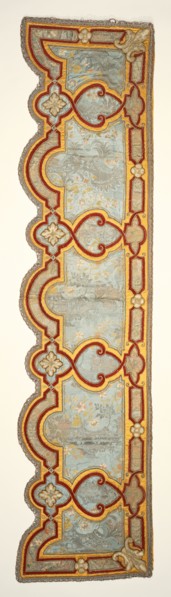 Lower proper left valence; about 1690 - 1715; Silk satin; cording; velour; silk embroidery; damask panels with linen linings