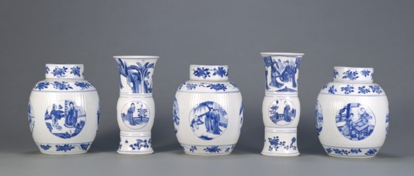 Five Piece Garniture Consisting of Three Lidded Jars and Two Beakers; 1662 - 1722; Hard-paste porcelain with underglaze blue