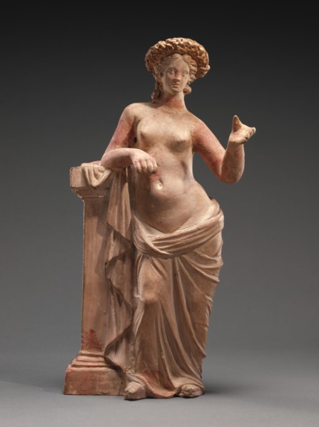 Statuette of Aphrodite Leaning on a Pillar; Tanagra, Greece; 250 - 200 B.C; Terracotta with polychromy; 27.1 × 12.5 × 7 cm