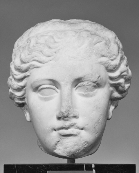 Head of a Statue of a Woman; Greece; 1st century B.C. - 1st century A.D; Marble; 32.1 x 30.5 x 30.5 cm, 12 5,8 x 12 x 12 in