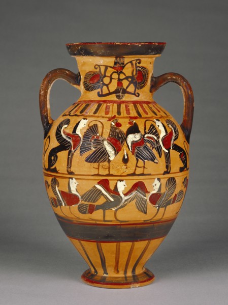 Attic Black-Figure Amphora,  Tyrrhenian , Attributed to Pointed Nose Painter; Athens, Greece; 575 - 550 B.C; Terracotta