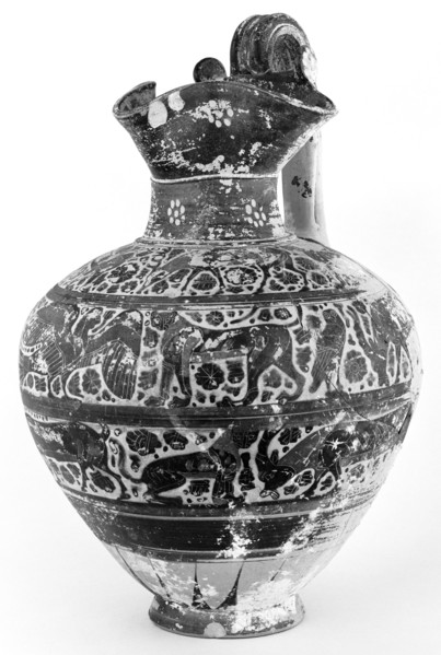 Corinthian Trefoil Oinochoe; Greece, Corinth, 575 - 550 B.C; Terracotta; 43.2 cm, 17 in